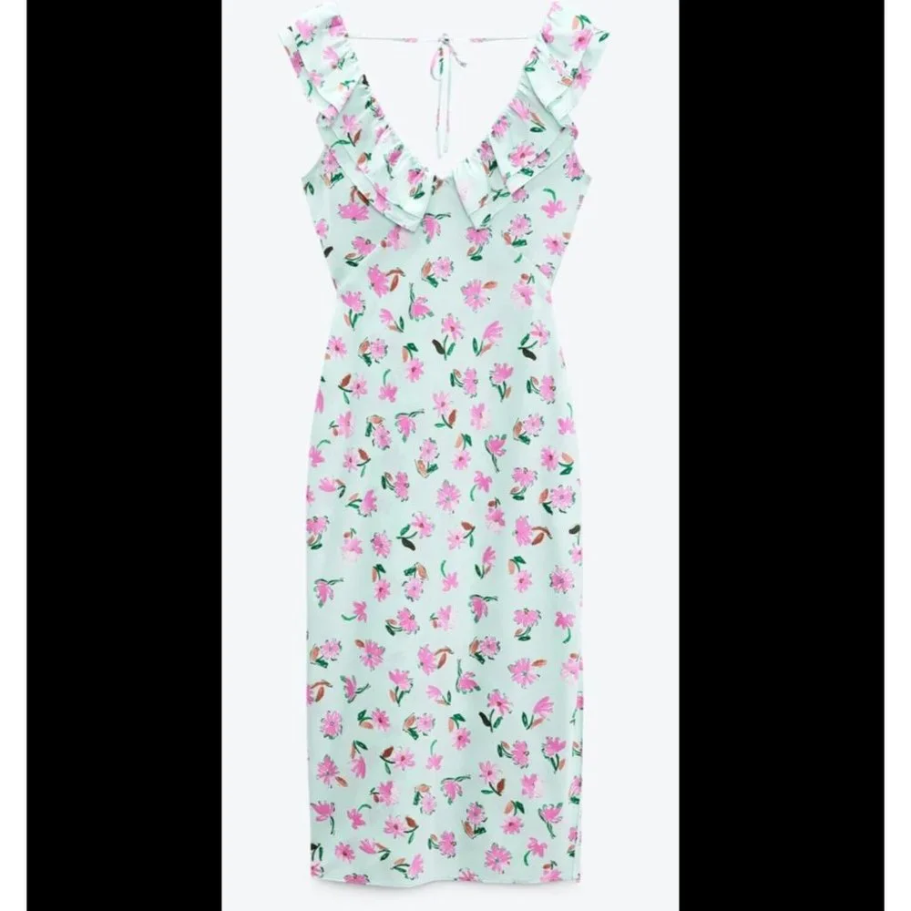 ZARA GREEN FLORAL PRINT SATIN MIDI DRESS WITH RUFFLE TRIMS SIZE S, NWT SS22 - Picture 7 of 10